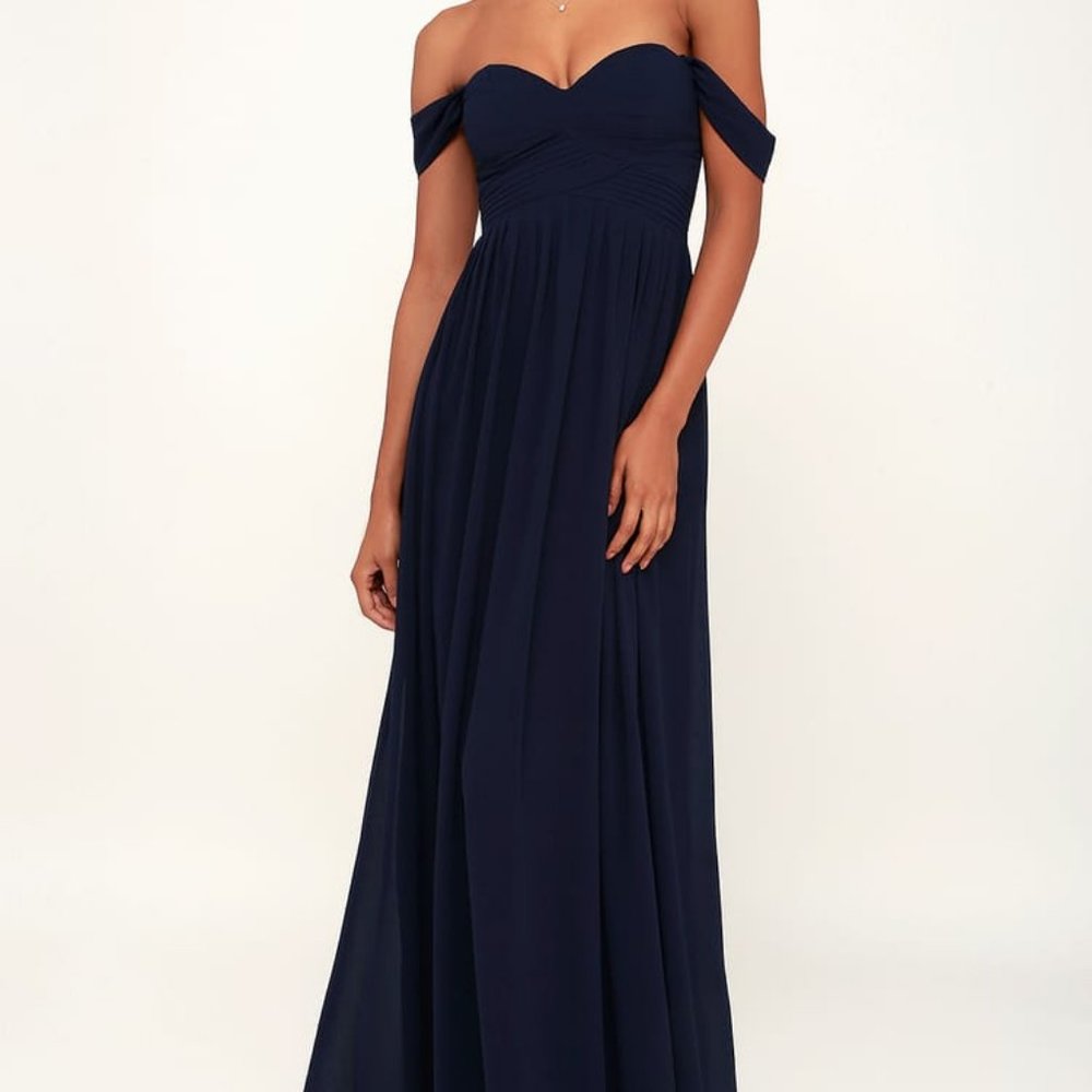 Lulu's Harmonius Love Navy Blue Off-the-Shoulder Maxi Dress